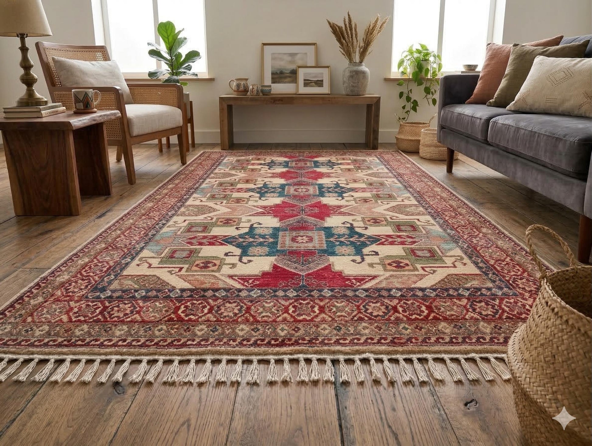 Large Handmade Afghan Kazak Rug – 207x274 cm - 7' x 9' -  Tribal Wool Carpet
