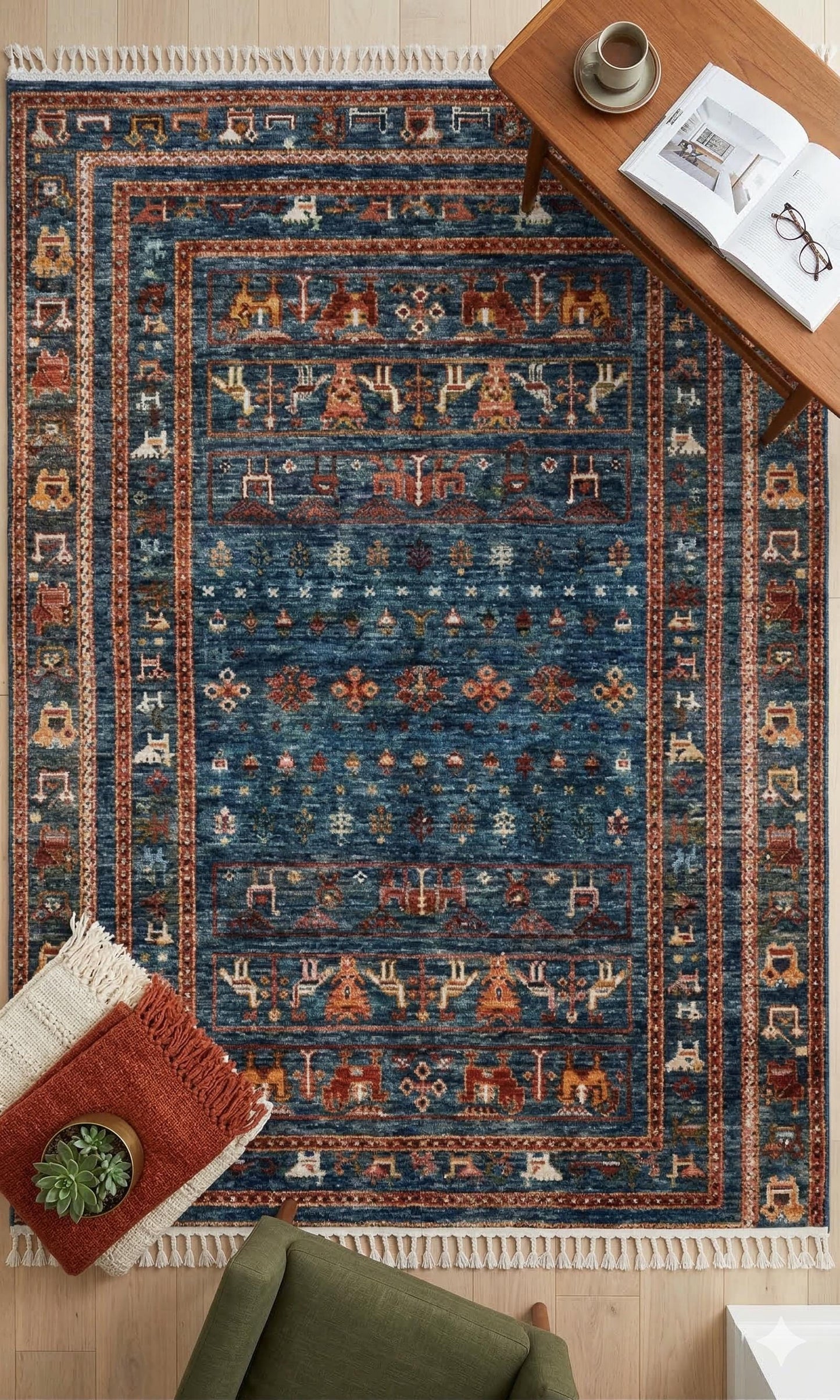 Blue Vintage Oriental Rug: Washable Living Room Rug with Tassels