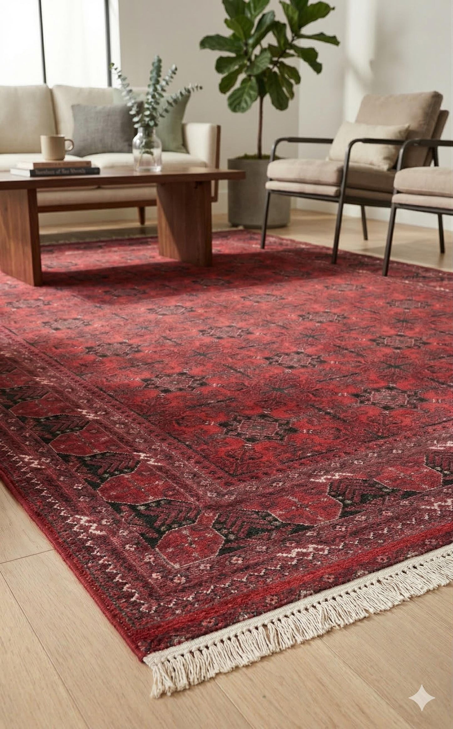 Red Afghan Area Rug – Silk-Feel Viscose Oriental Carpet