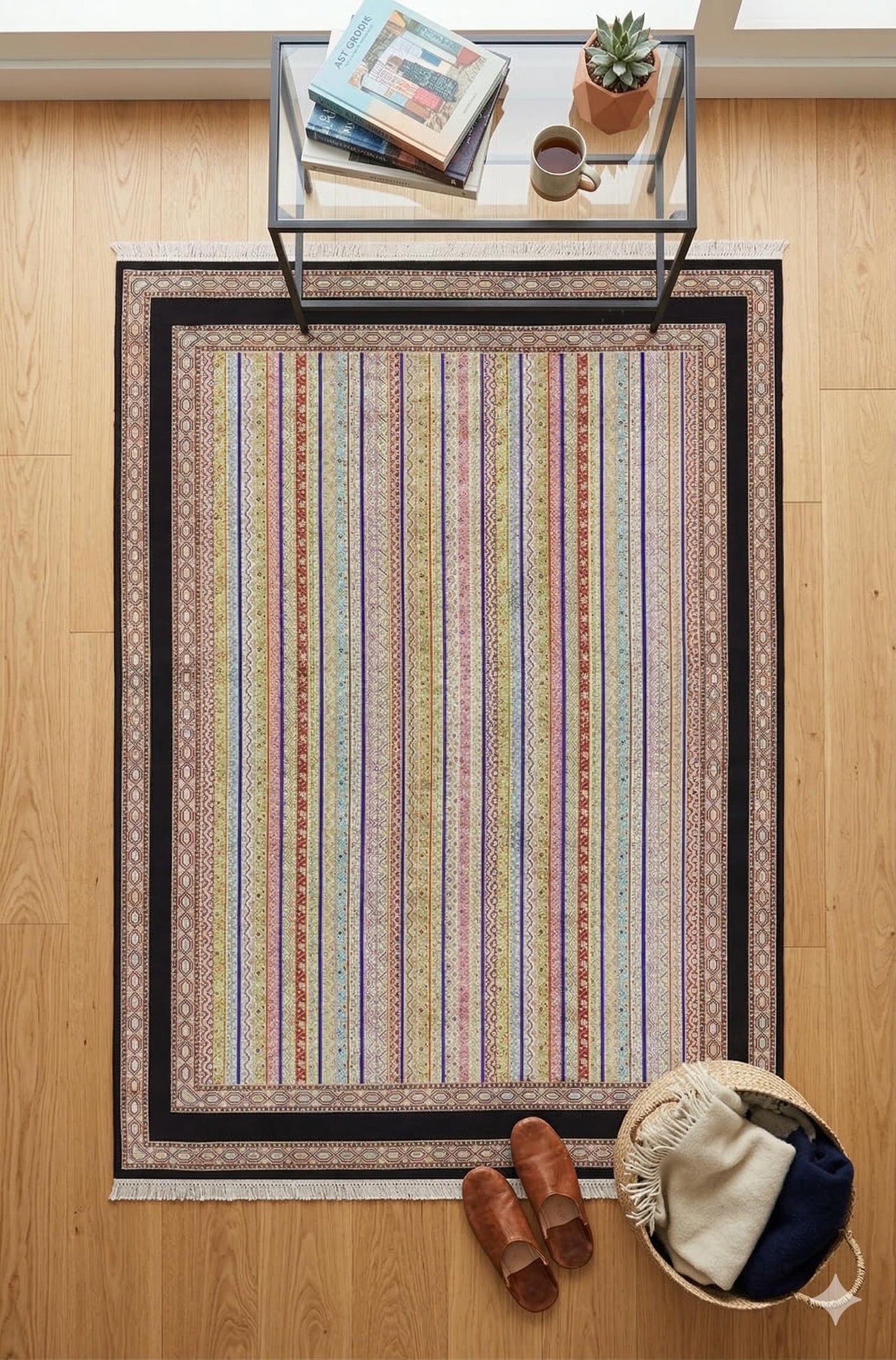 Black striped Area Rug – Silk-Feel Viscose Oriental Carpet