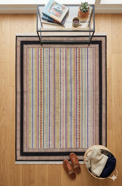Black striped Area Rug – Silk-Feel Viscose Oriental Carpet