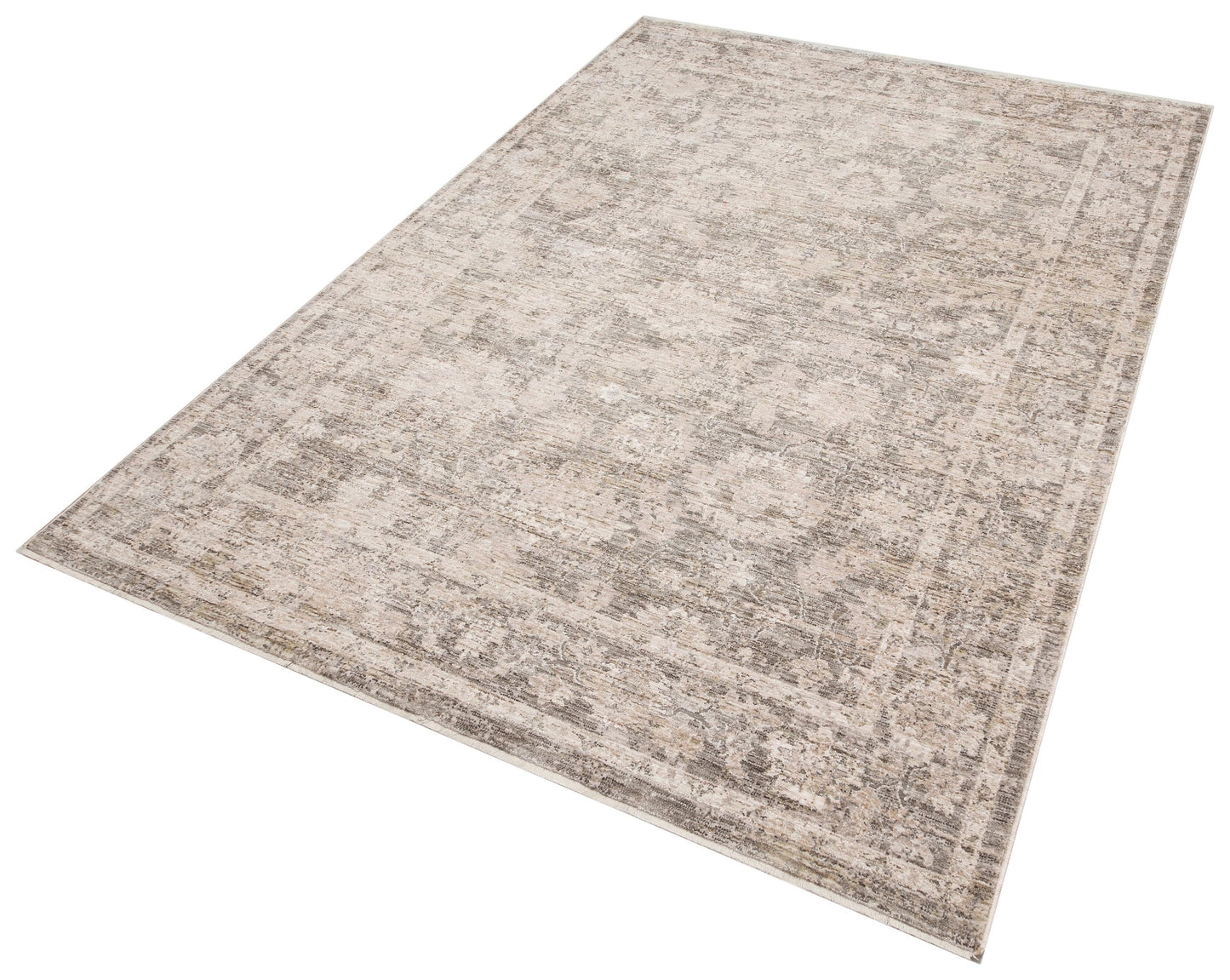 Distressed Oriental Area Rug – Faded Beige Grey Medallion Carpet, Low Pile