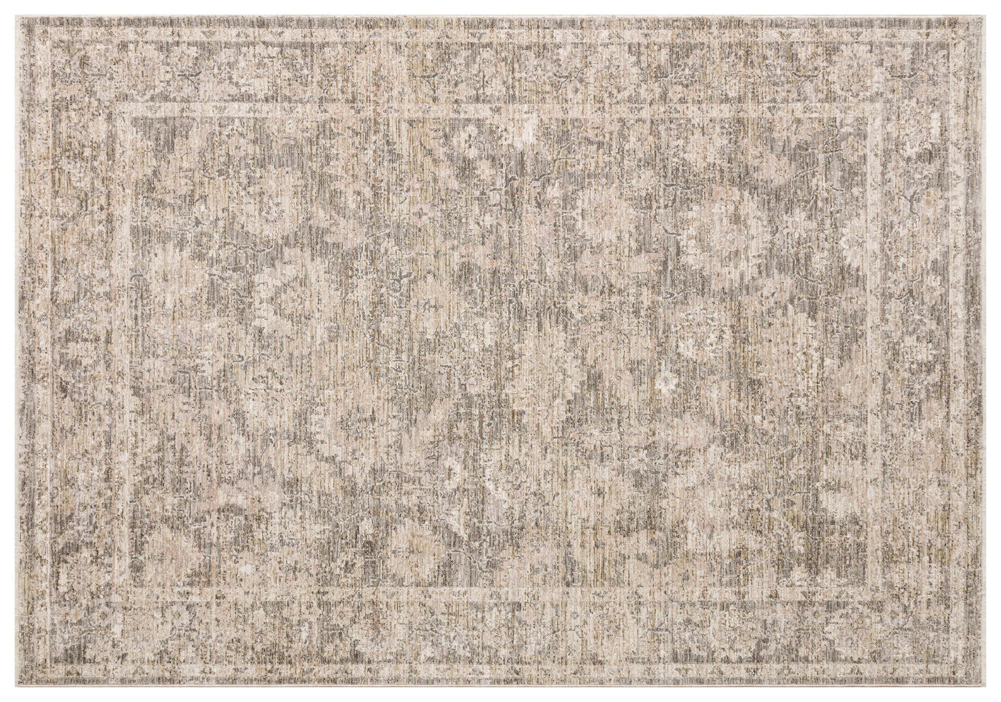 Distressed Oriental Area Rug – Faded Beige Grey Medallion Carpet, Low Pile