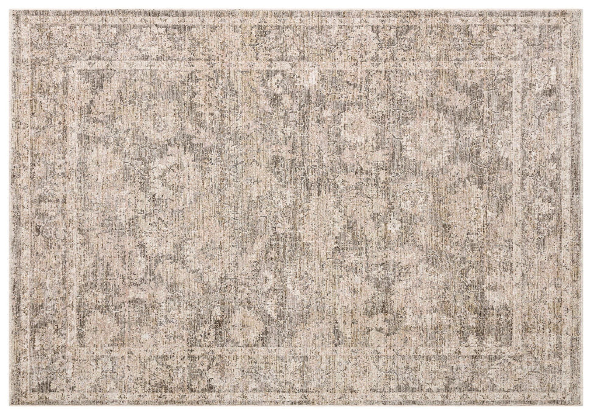Distressed Oriental Area Rug – Faded Beige Grey Medallion Carpet, Low Pile
