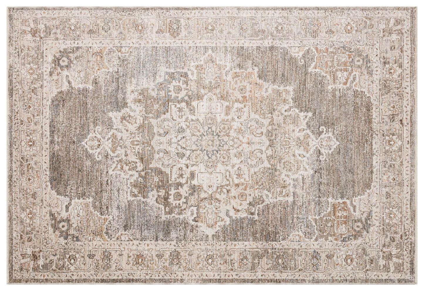 Distressed Vintage Persian Style Area Rug – Muted Taupe, Gray, Cream Medallion Carpet
