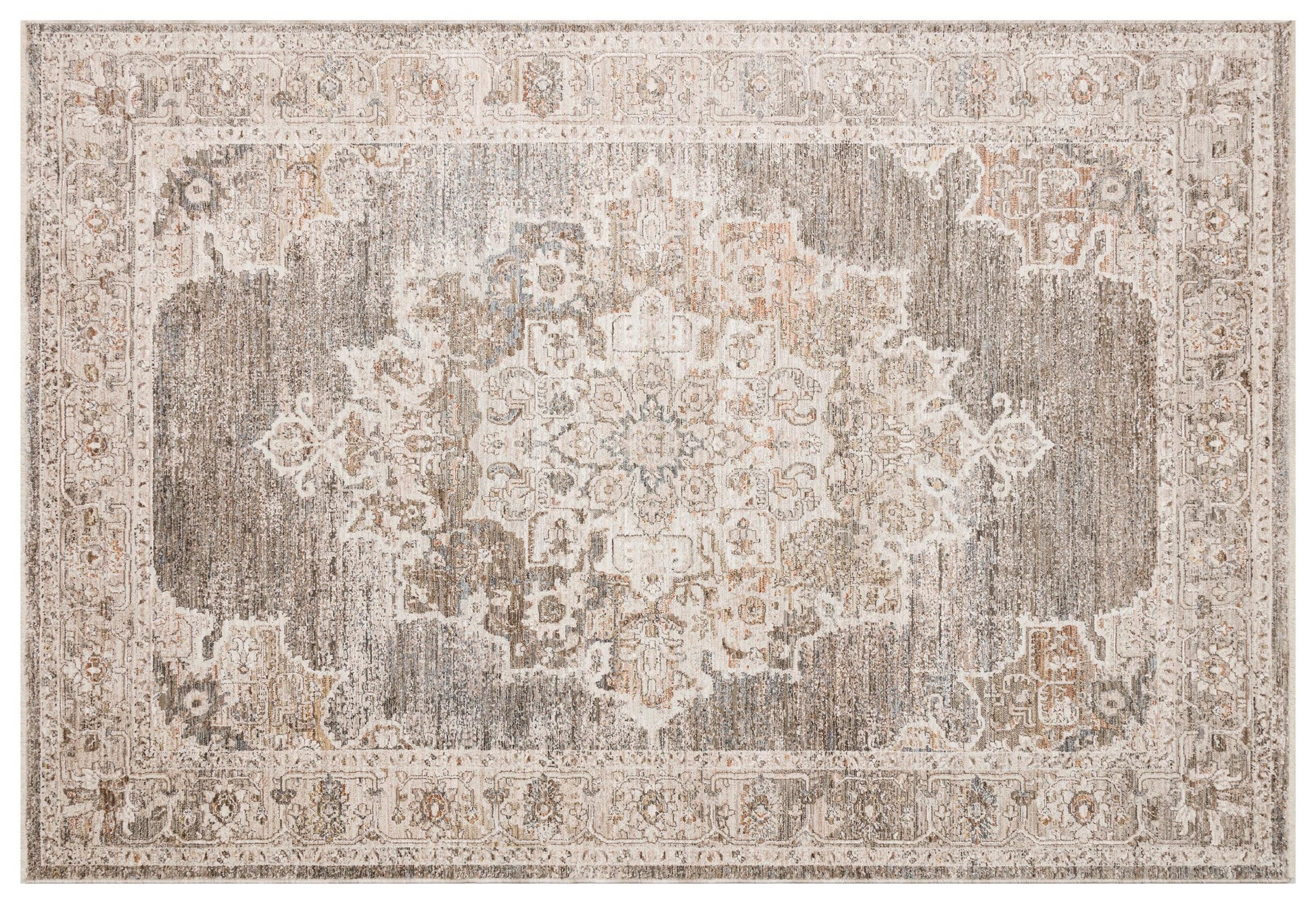 Distressed Vintage Persian Style Area Rug – Muted Taupe, Gray, Cream Medallion Carpet