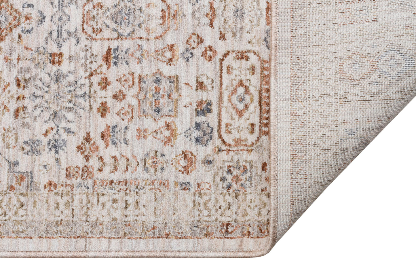 Distressed Persian Style Area Rug – Neutral Cream, Terracotta, Slate Blue Transitional Carpet
