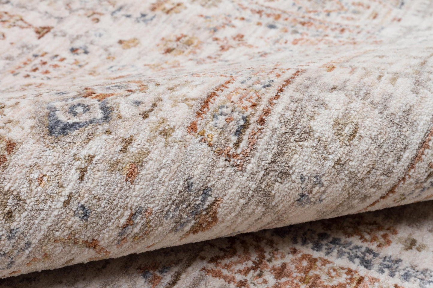 Distressed Persian Style Area Rug – Neutral Cream, Terracotta, Slate Blue Transitional Carpet