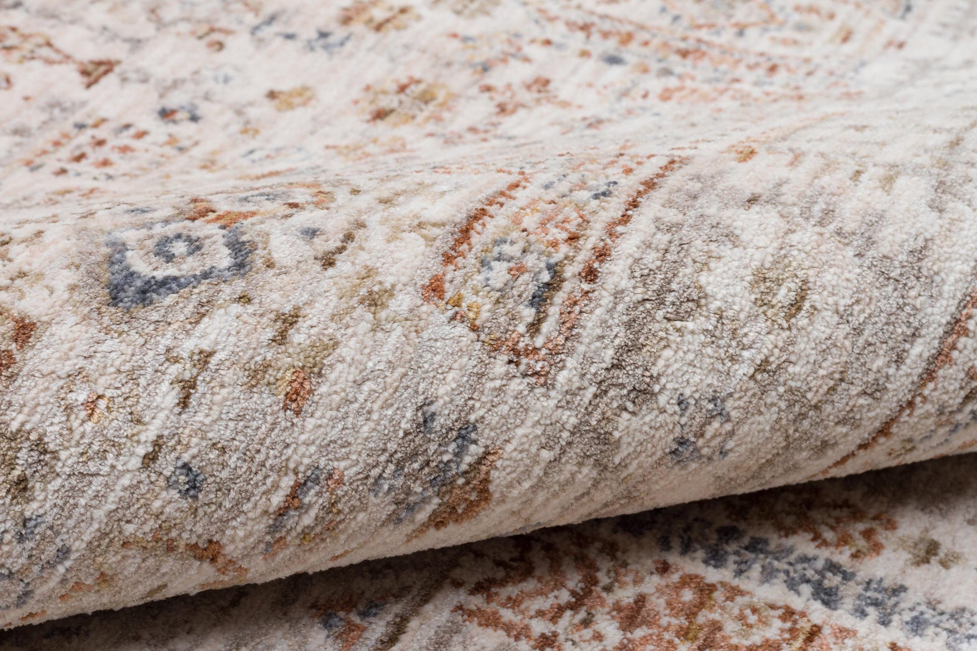 Distressed Persian Style Area Rug – Neutral Cream, Terracotta, Slate Blue Transitional Carpet