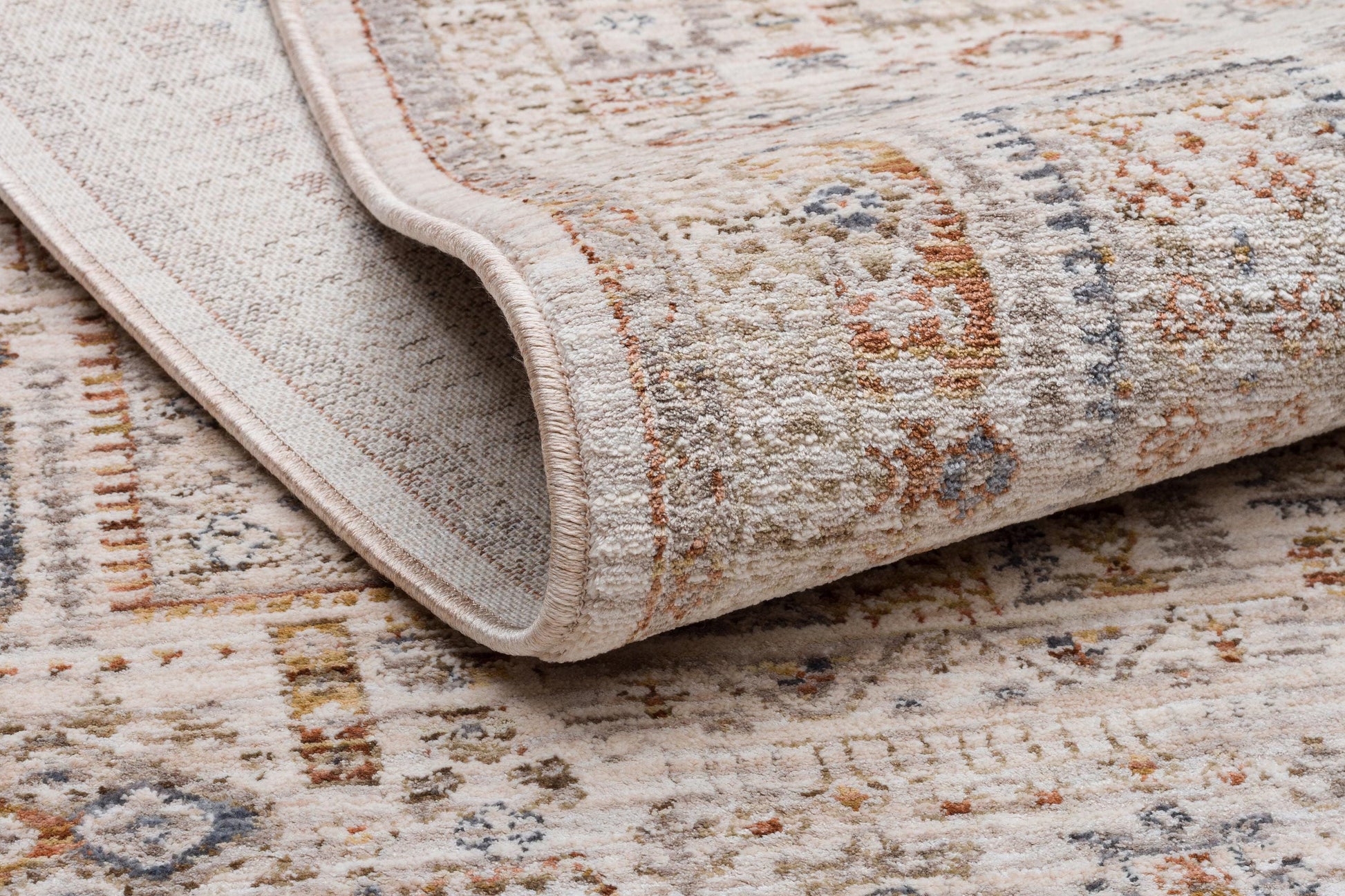 Distressed Persian Style Area Rug – Neutral Cream, Terracotta, Slate Blue Transitional Carpet