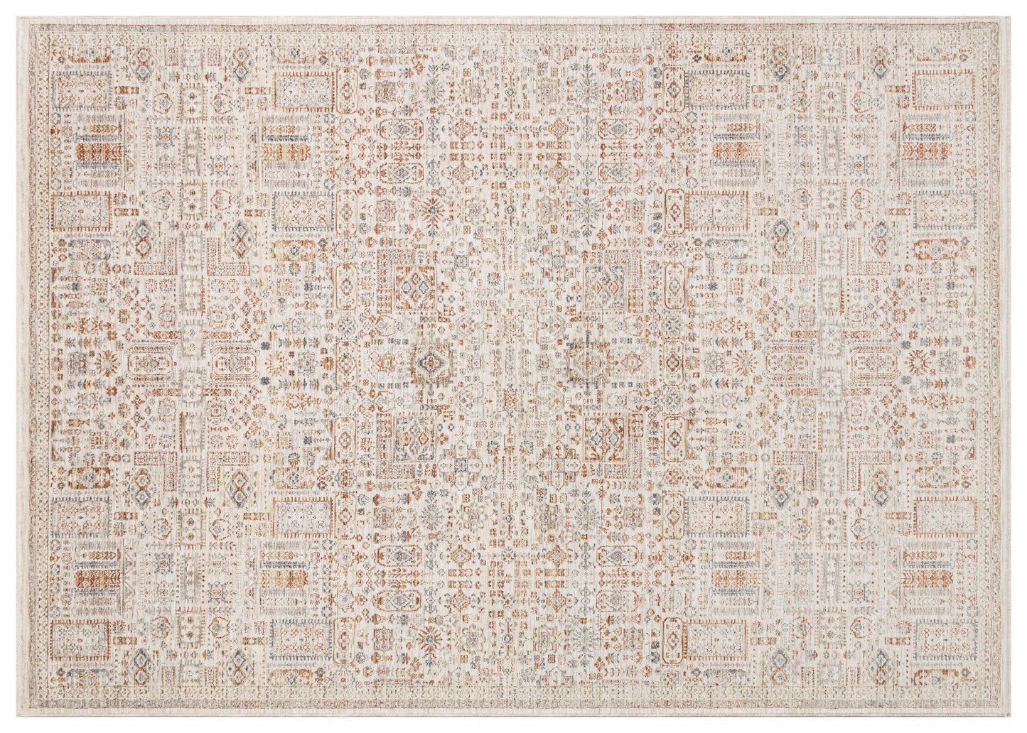 Distressed Persian Style Area Rug – Neutral Cream, Terracotta, Slate Blue Transitional Carpet