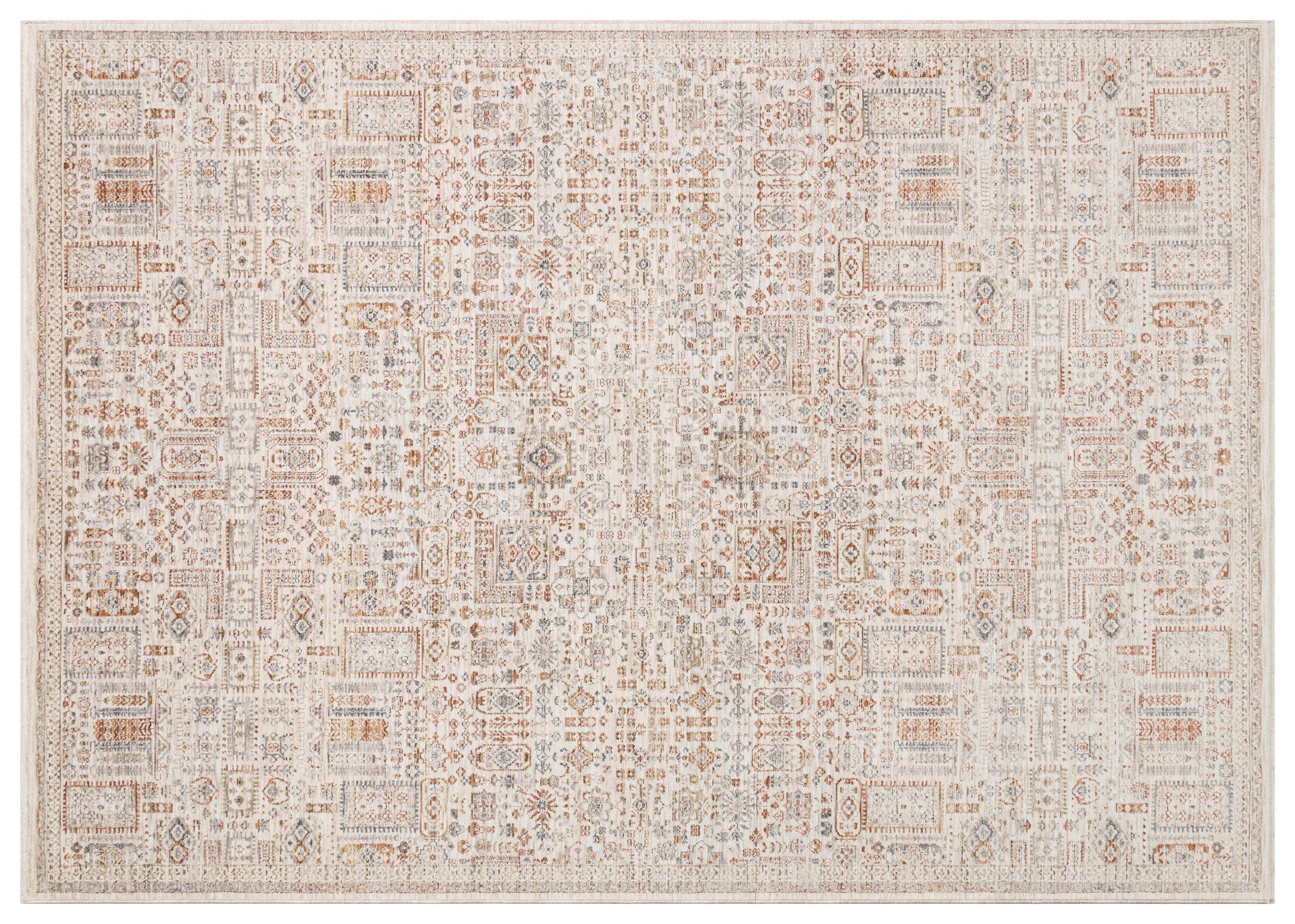 Distressed Persian Style Area Rug – Neutral Cream, Terracotta, Slate Blue Transitional Carpet