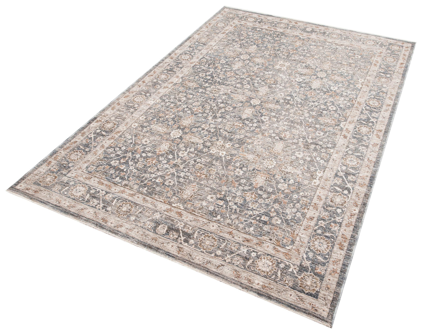 Distressed Floral Persian Style Area Rug – Slate Grey, Beige Transitional Carpet