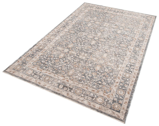 Distressed Floral Persian Style Area Rug – Slate Grey, Beige Transitional Carpet
