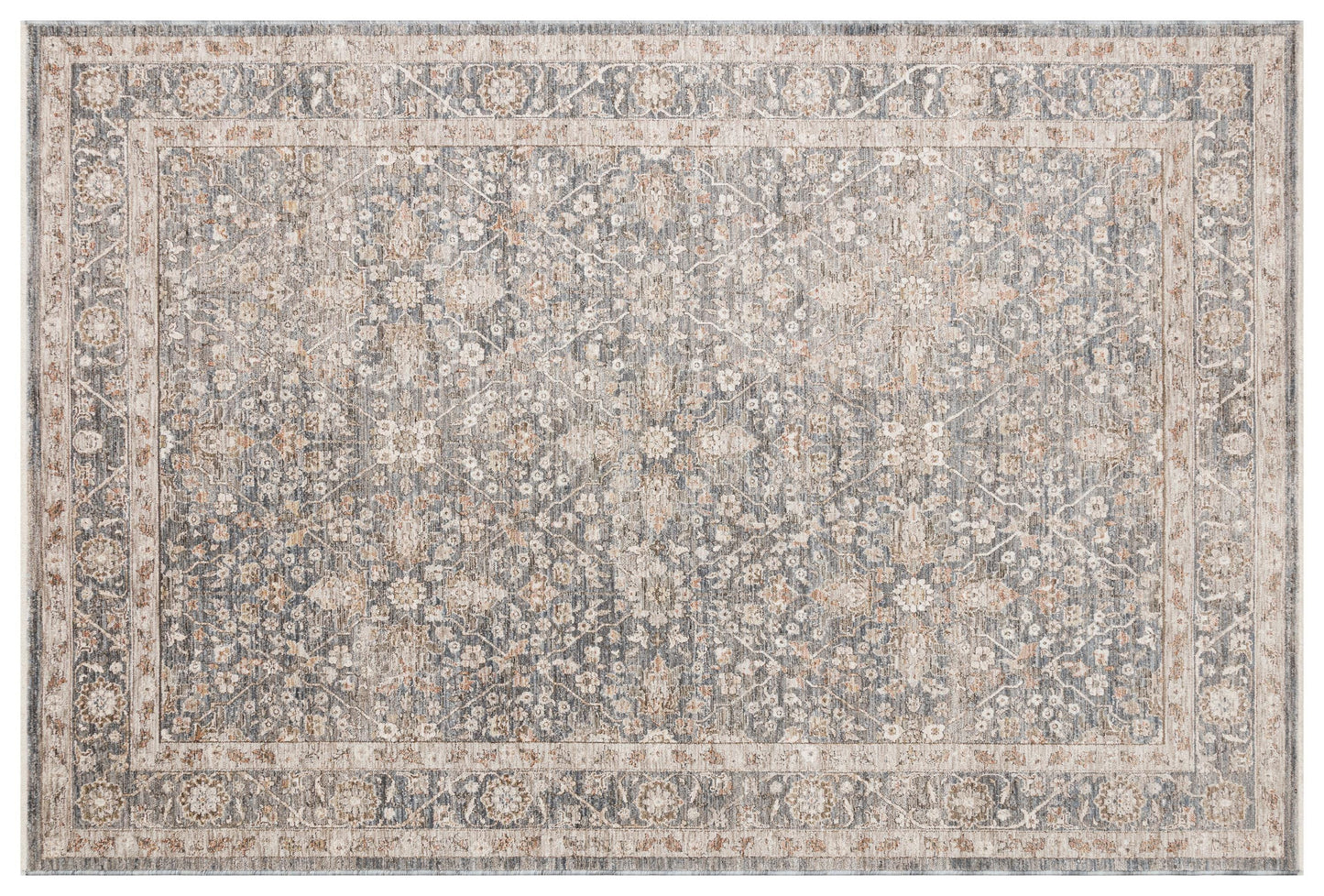 Distressed Floral Persian Style Area Rug – Slate Grey, Beige Transitional Carpet