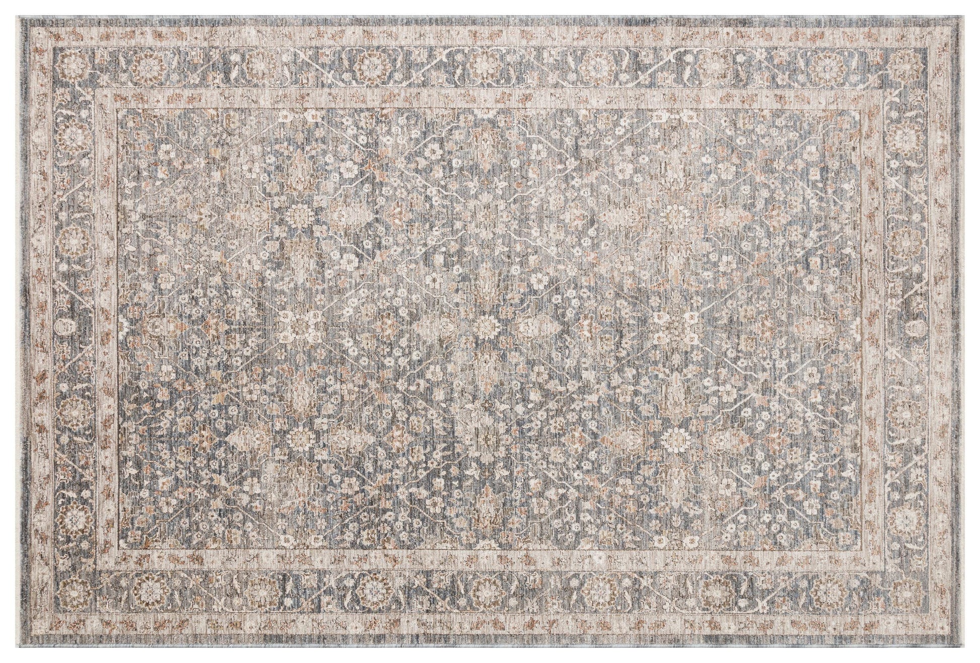 Distressed Floral Persian Style Area Rug – Slate Grey, Beige Transitional Carpet