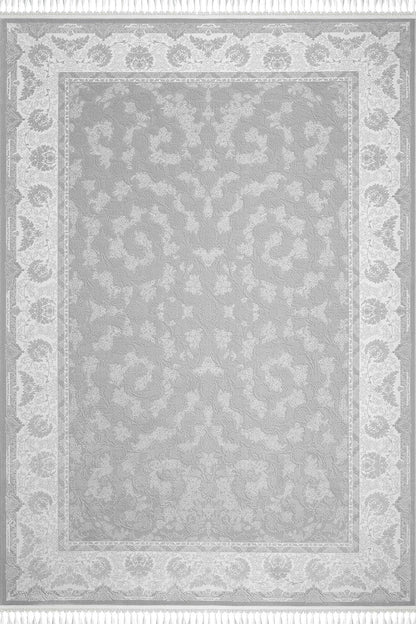 5x7 ft, Gray Floral Classic Silk Carpet with Tassels made with viscose yarn