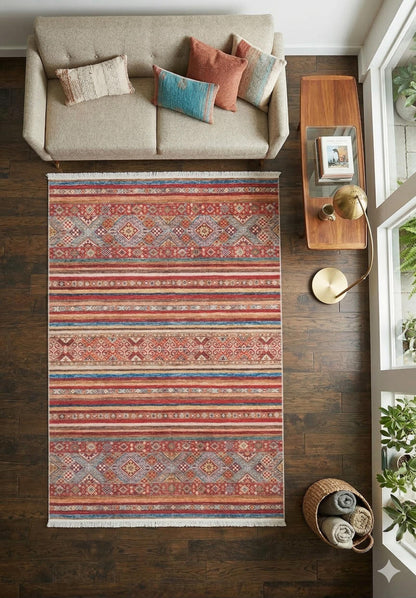 Red Southwestern Kilim Rug – Bohemian Ethnic Terracotta Blue Area Carpet