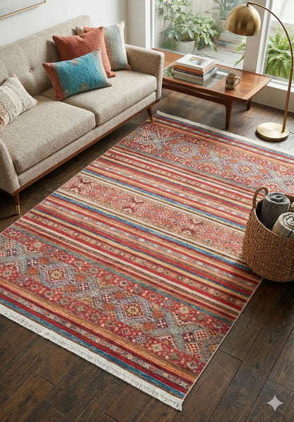 Red Southwestern Kilim Rug – Bohemian Ethnic Terracotta Blue Area Carpet