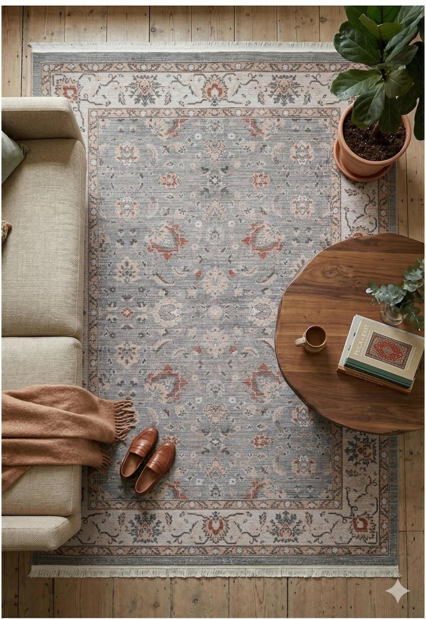 Distressed Oriental Area Rug – Faded Grey Floral Transitional Decor