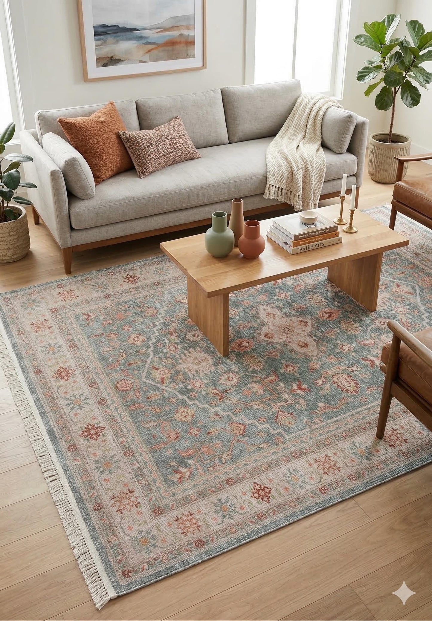 Distressed Oriental Rug – Sage Green Terracotta Muted Persian Style Carpet