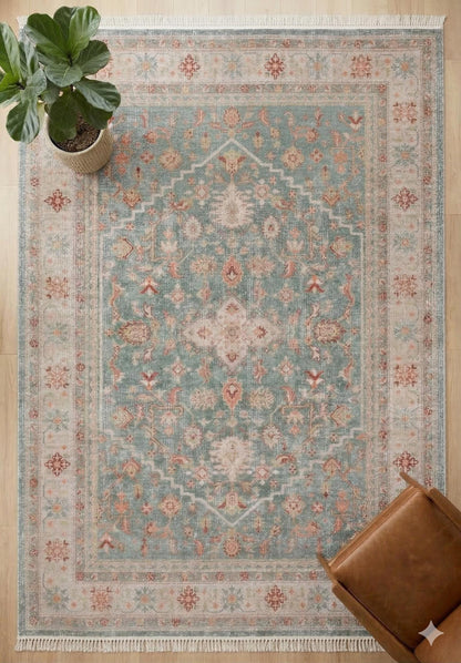 Distressed Oriental Rug – Sage Green Terracotta Muted Persian Style Carpet