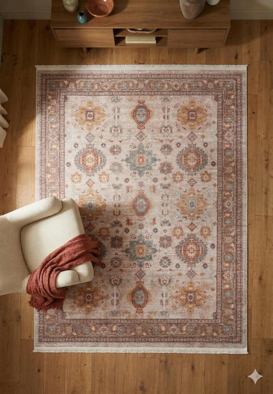 Vintage Style Terracotta Teal Oriental Rug, Faded Boho Distressed Carpet, Turkish Pattern Home Decor