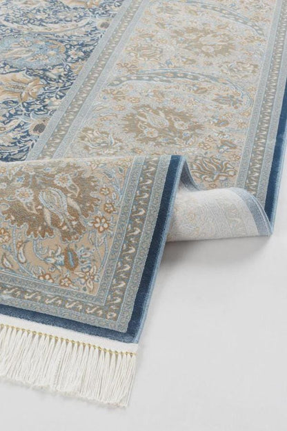 7x10 ft, Fine blue classic Silk Rug: Distressed Persian Design carpet with Fringes