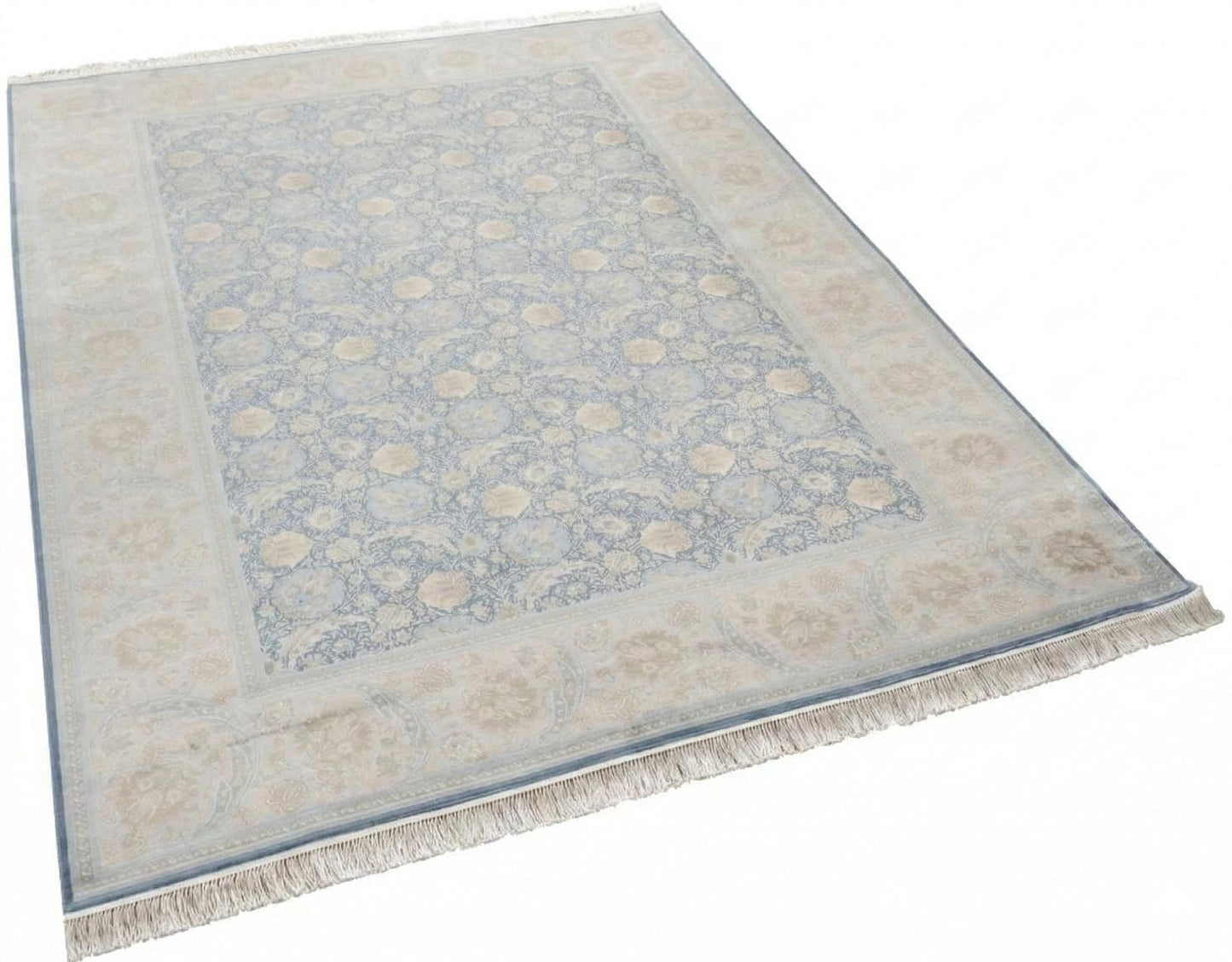 7x10 ft, Fine blue classic Silk Rug: Distressed Persian Design carpet with Fringes