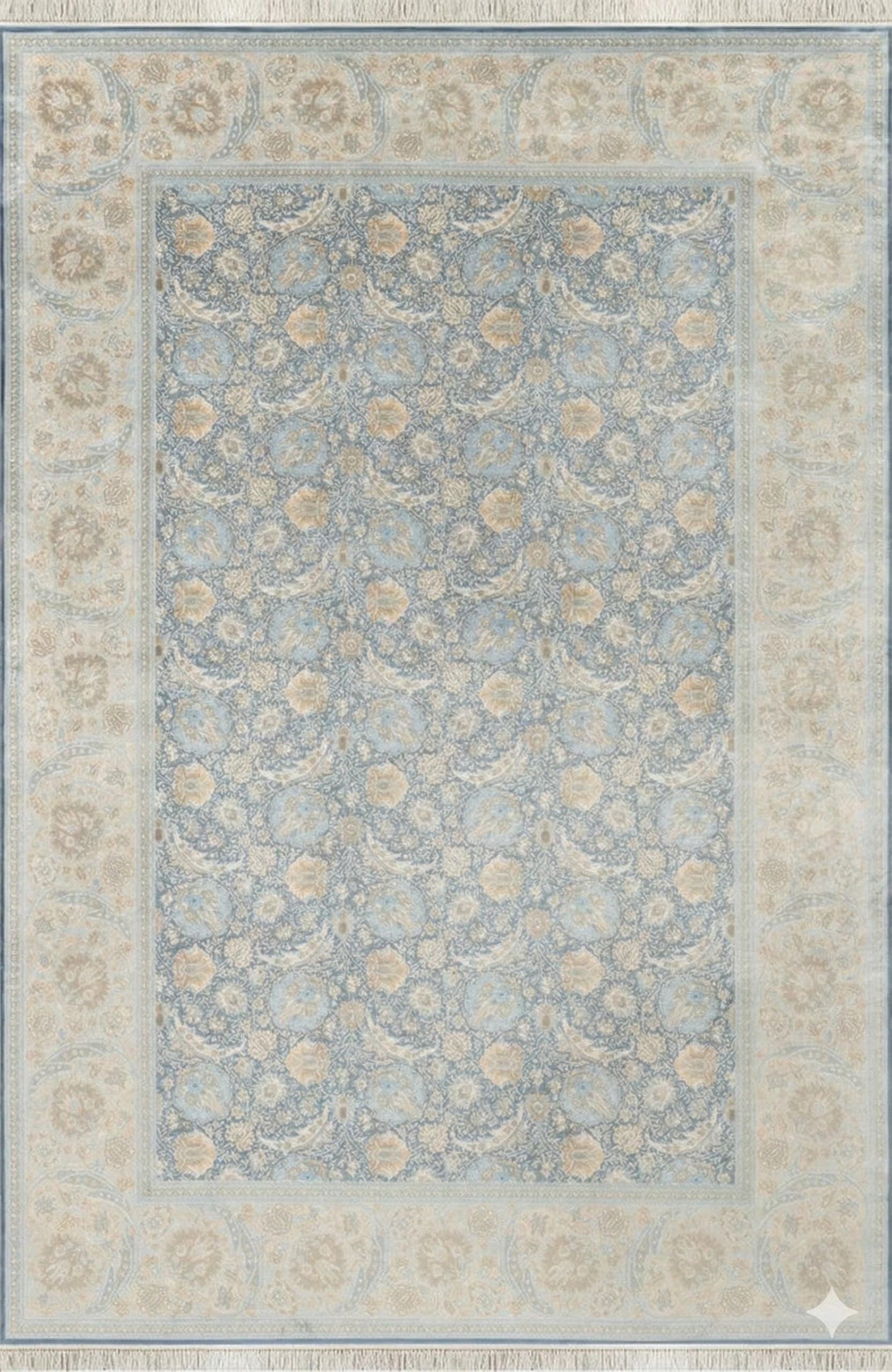 7x10 ft, Fine blue classic Silk Rug: Distressed Persian Design carpet with Fringes