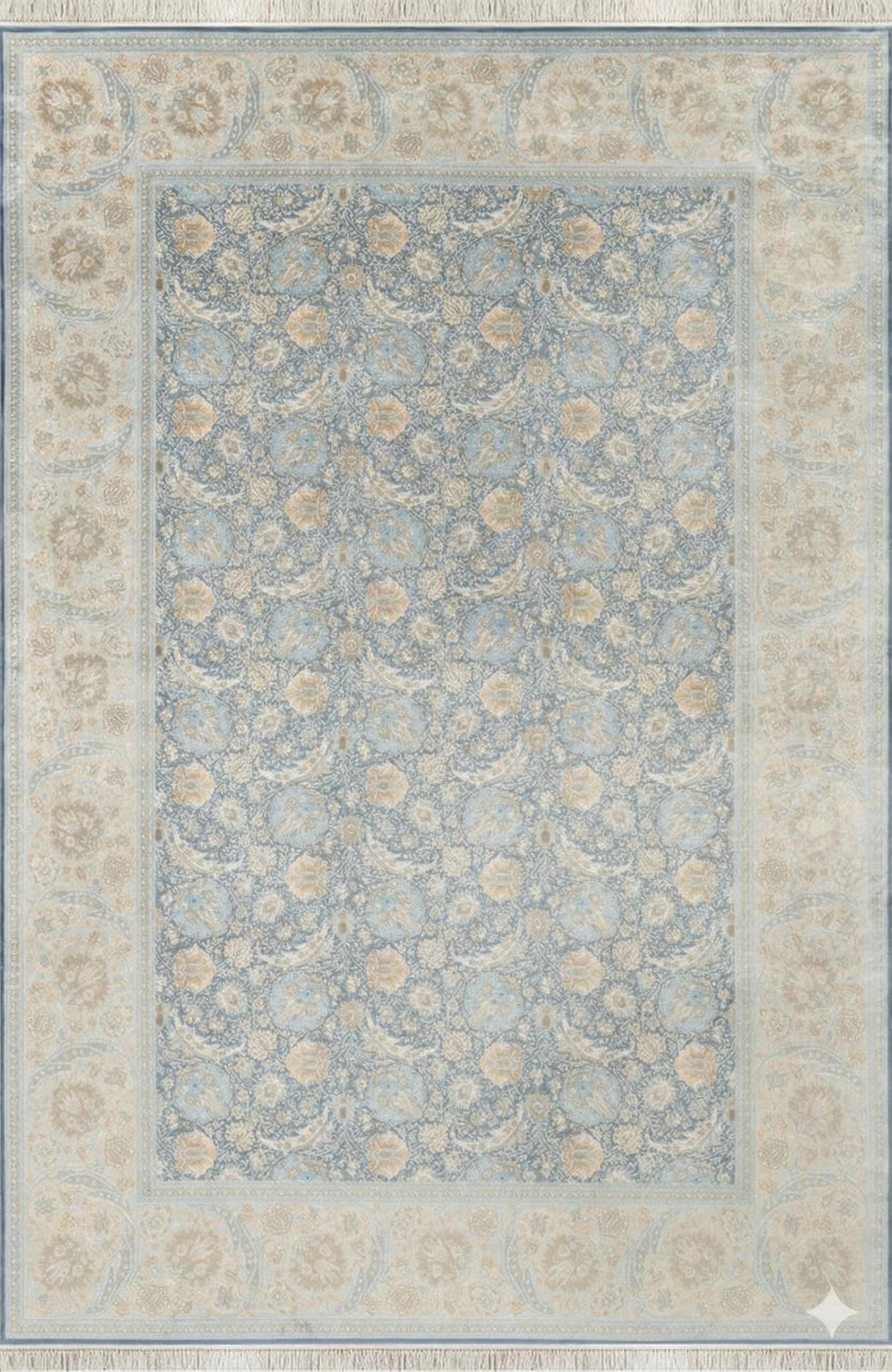 7x10 ft, Fine blue classic Silk Rug: Distressed Persian Design carpet with Fringes