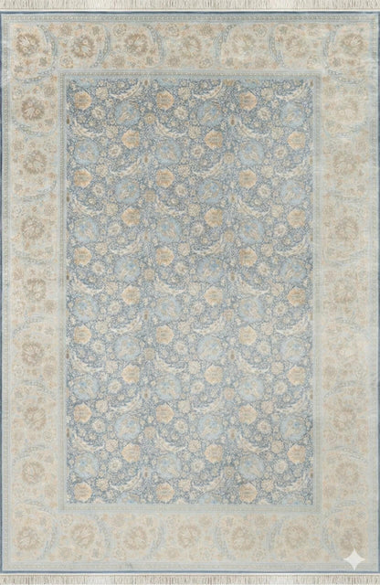 7x10 ft, Fine blue classic Silk Rug: Distressed Persian Design carpet with Fringes