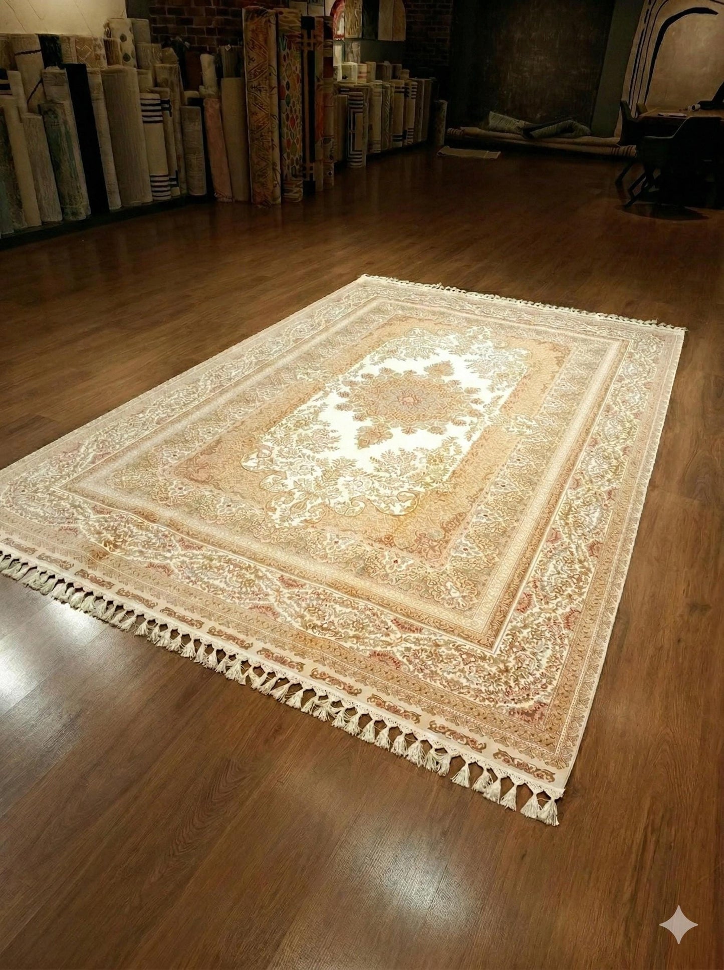 7x10 ft, Classic Beige Silk Rug - Distressed Medallion Design Carpet