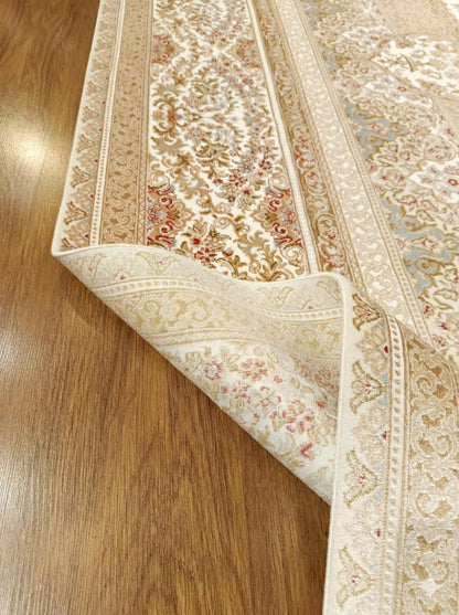 7x10 ft, Classic Beige Silk Rug - Distressed Medallion Design Carpet