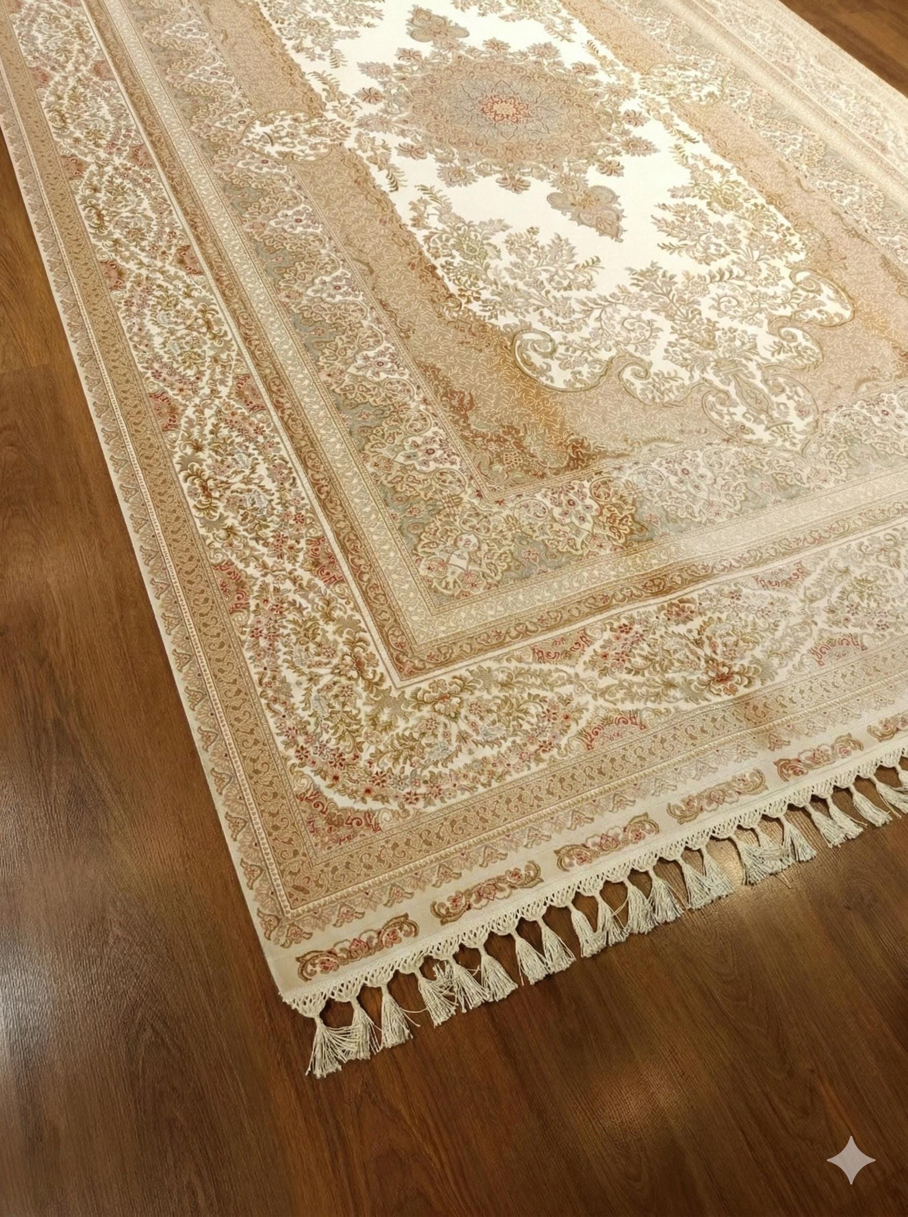 7x10 ft, Classic Beige Silk Rug - Distressed Medallion Design Carpet