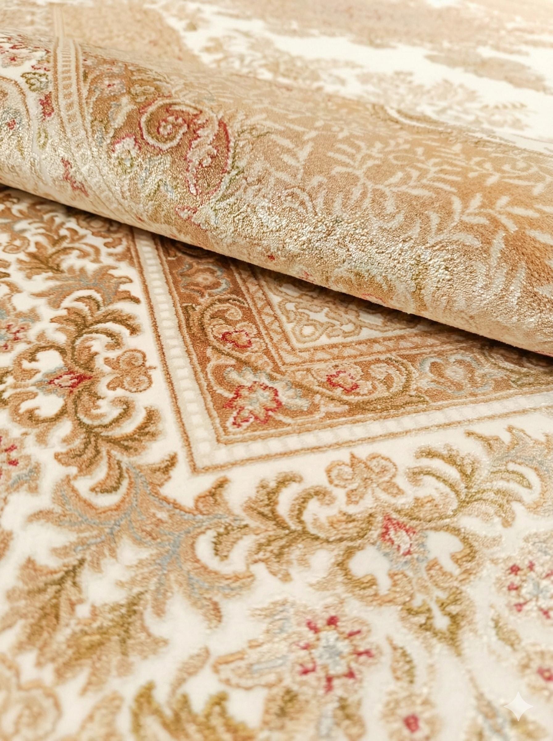 7x10 ft, Classic Beige Silk Rug - Distressed Medallion Design Carpet