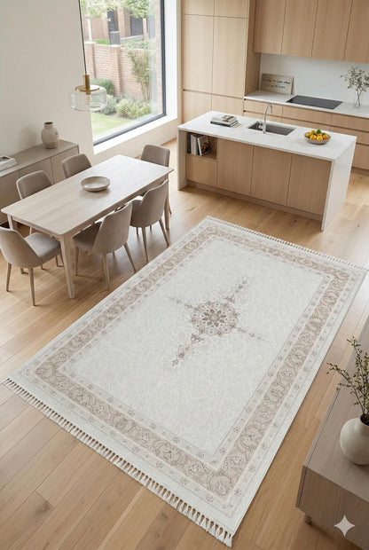 7x10 ft, Beige Classic oriental Silk Rug: Bamboo Yarn,fine fringes carpet
