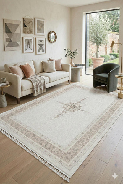 7x10 ft, Beige Classic oriental Silk Rug: Bamboo Yarn,fine fringes carpet