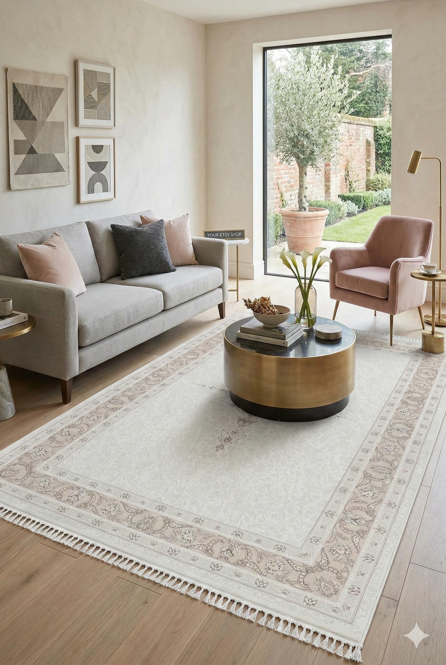 7x10 ft, Beige Classic oriental Silk Rug: Bamboo Yarn,fine fringes carpet