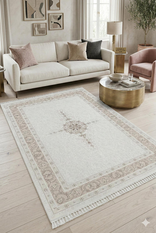7x10 ft, Beige Classic oriental Silk Rug: Bamboo Yarn,fine fringes carpet