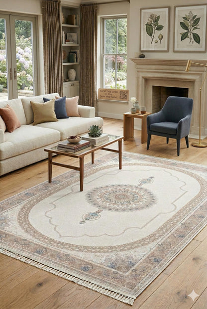 7x10 ft, Beige Classic oriental Silk Rug: Bamboo Yarn,fine fringes carpet