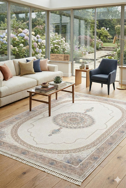 7x10 ft, Beige Classic oriental Silk Rug: Bamboo Yarn,fine fringes carpet