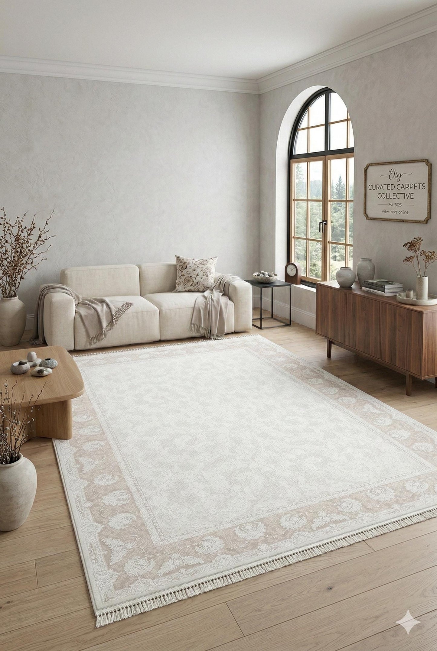 7x10 ft, Distressed Classic beige Silk Rug : Bamboo yarn carpet with fine fringes