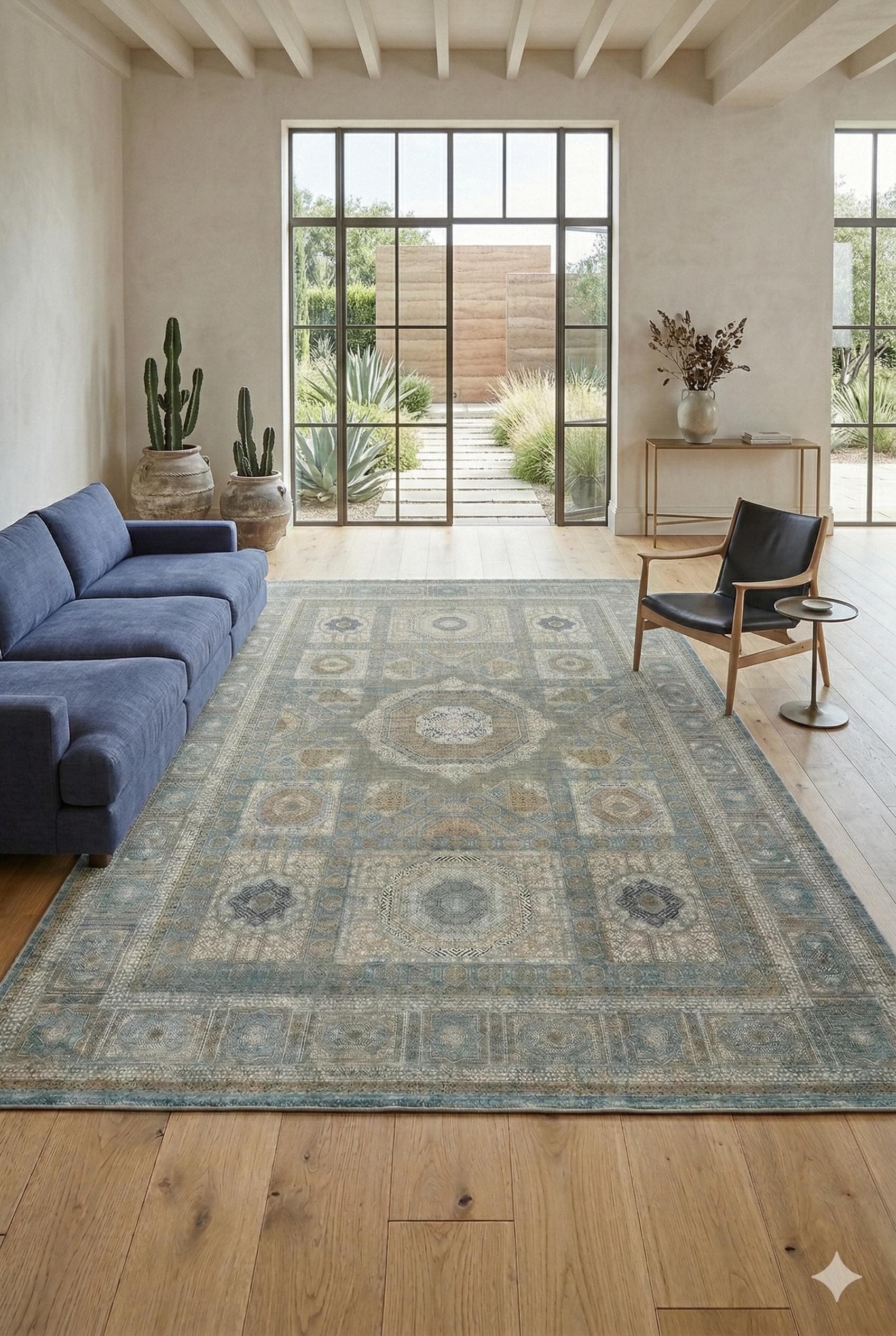 8x11 ft, Blue Viscose Rug: Classic Oriental Medallion desing Bamboo Carpet