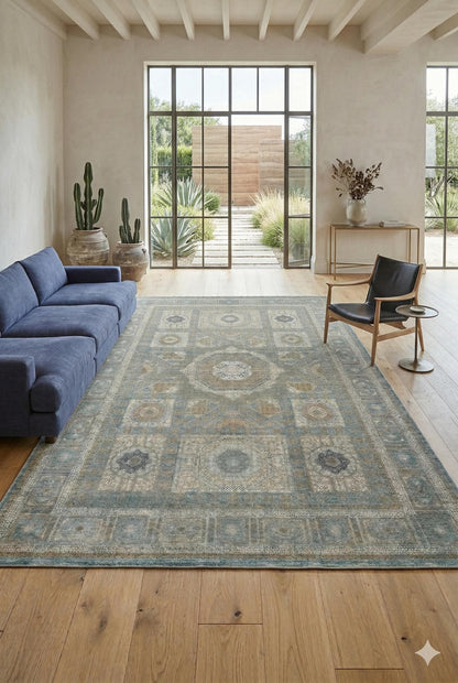 8x11 ft, Blue Viscose Rug: Classic Oriental Medallion desing Bamboo Carpet