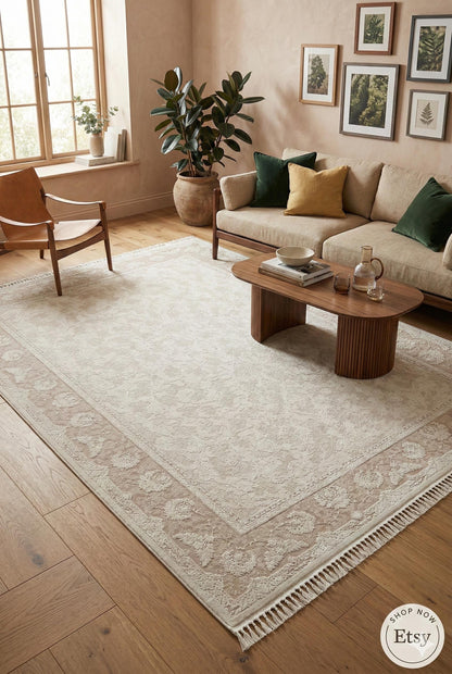 7x10 ft, Distressed Classic beige Silk Rug : Bamboo yarn carpet with fine fringes