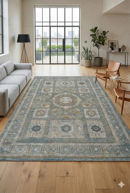 8x11 ft, Blue Viscose Rug: Classic Oriental Medallion desing Bamboo Carpet