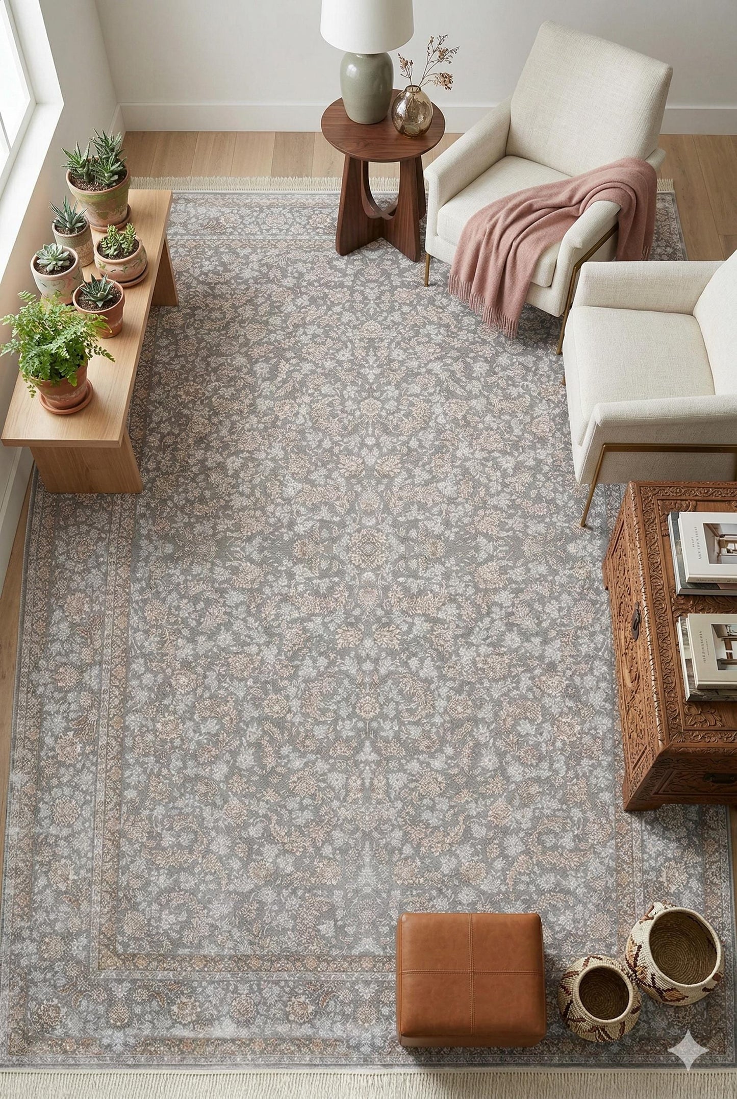 5x7 ft, Classic Oriental Gray Floral Silk Rug with fine fringes