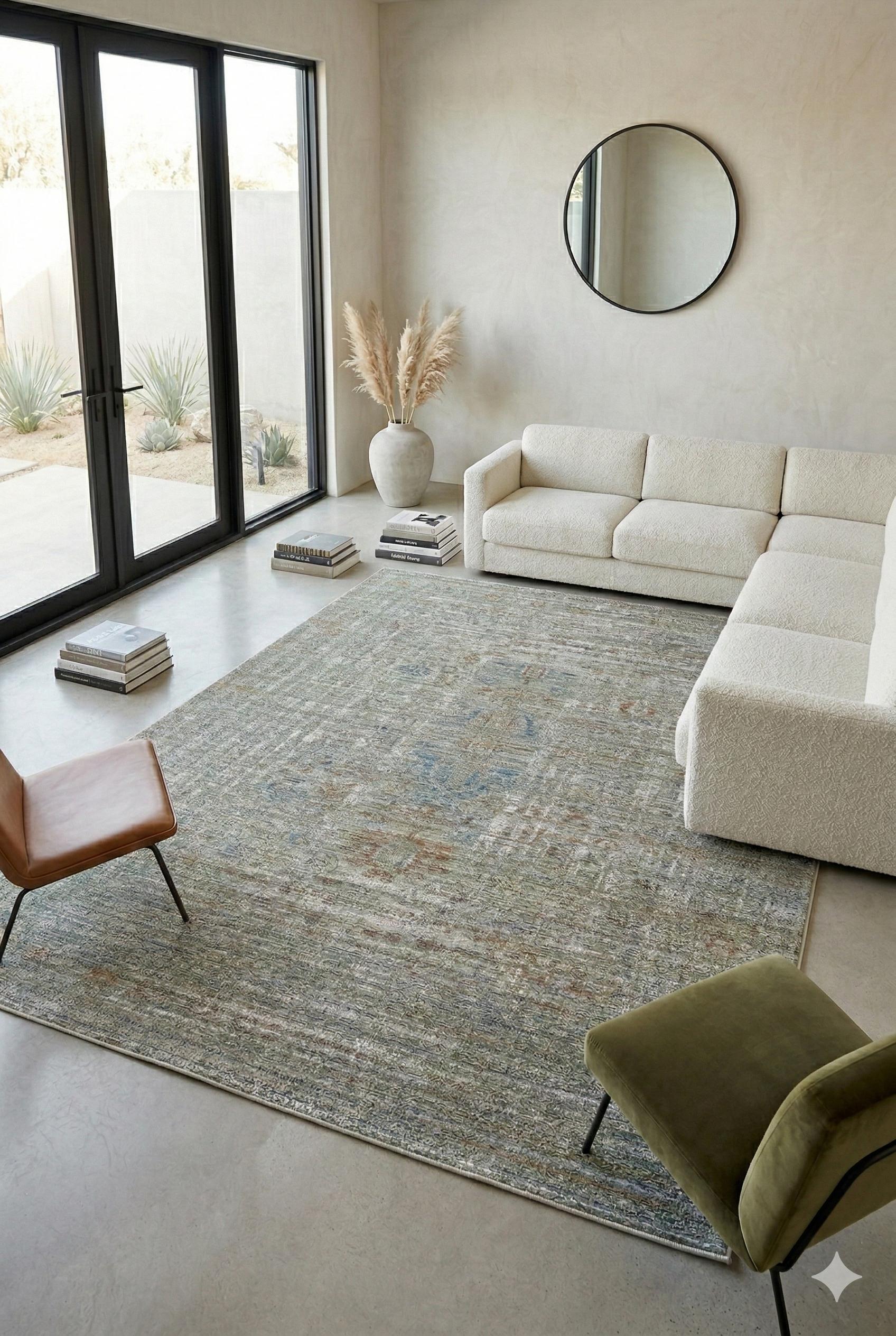 7x10 ft, Green fine quality viscose Rug: Vintage Style carpet