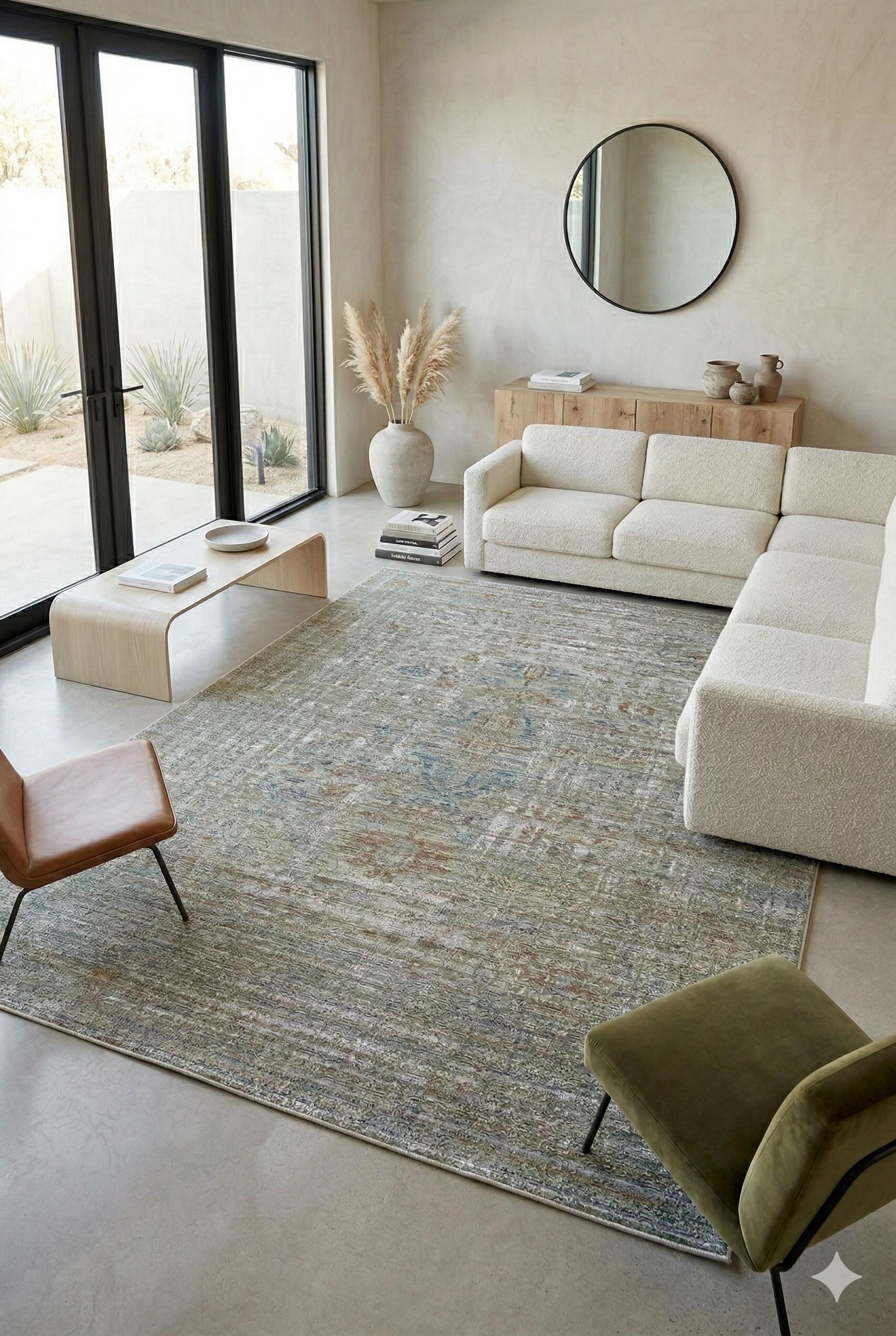 7x10 ft, Green fine quality viscose Rug: Vintage Style carpet
